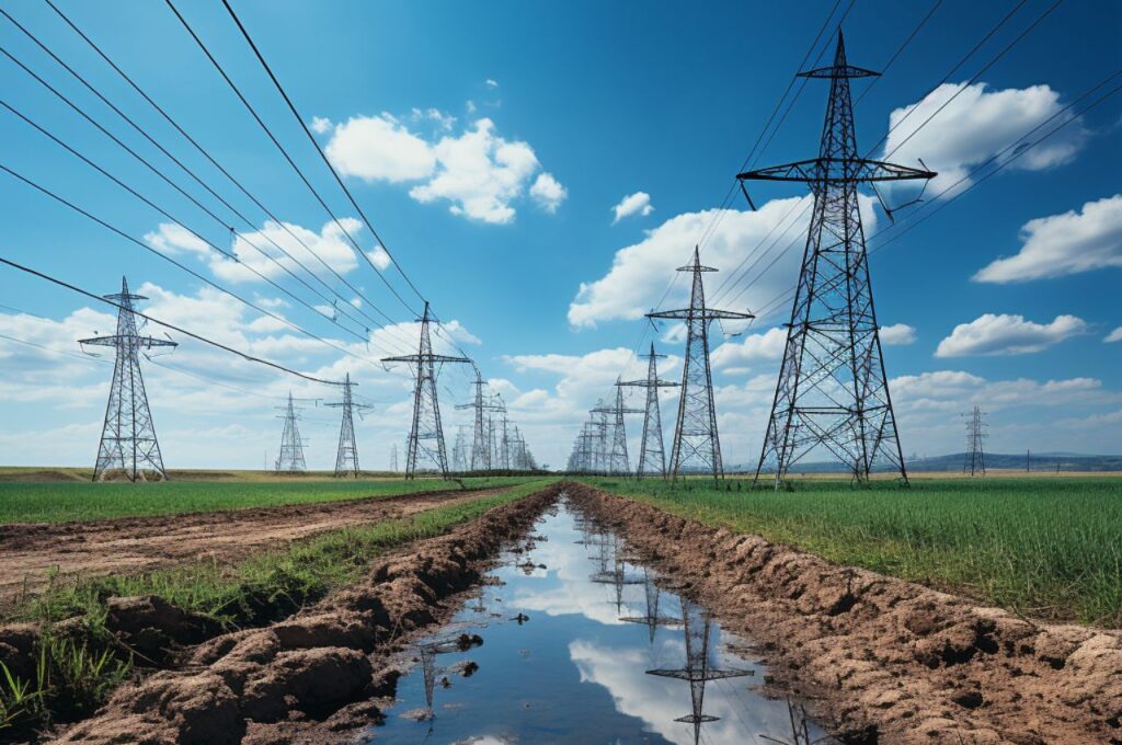 An image with hydropower lines and grass and water